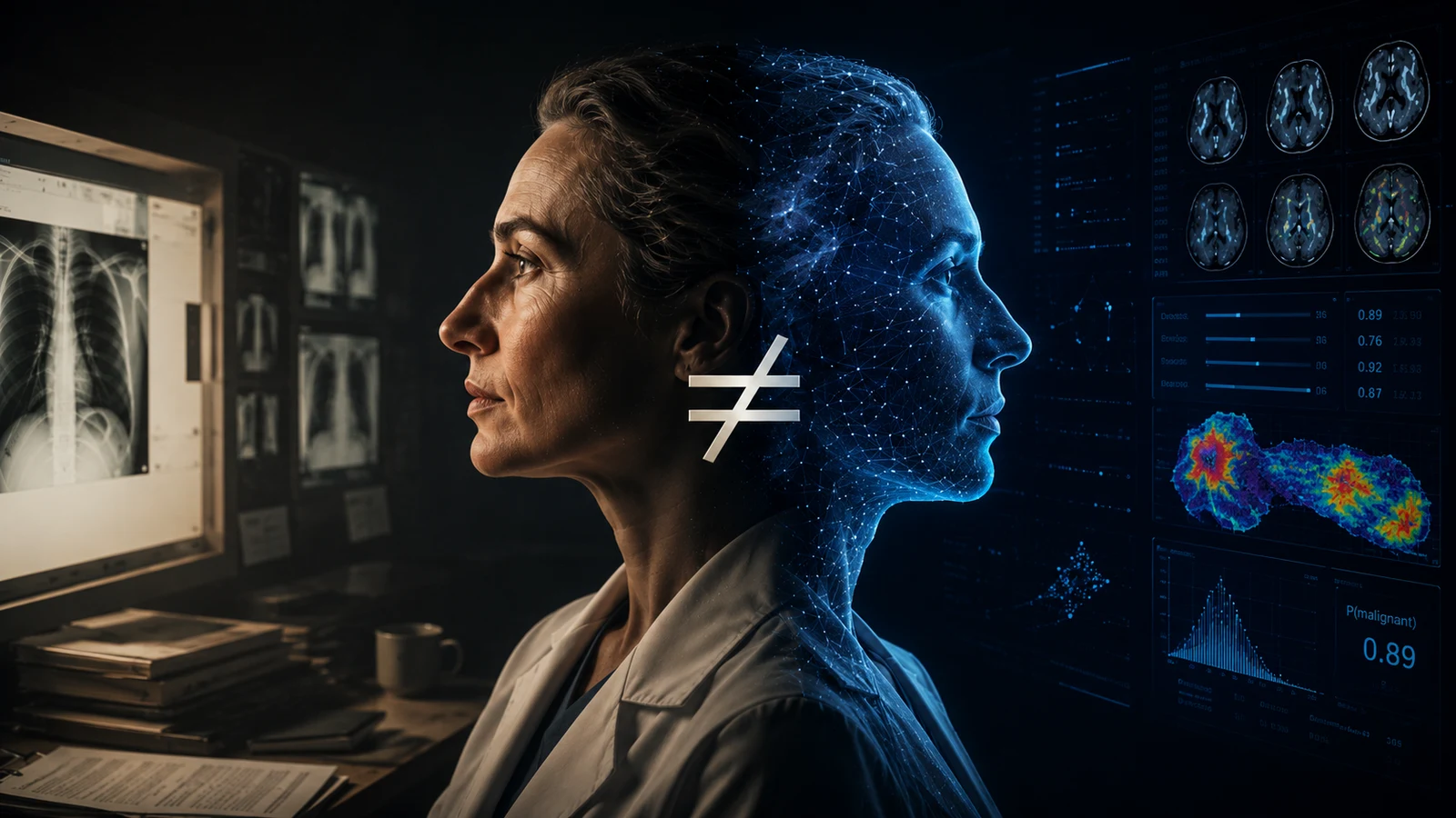 Janus-inspired dual portrait contrasting human radiological interpretation with machine-readable medical imaging analysis, separated by a not-equal symbol.